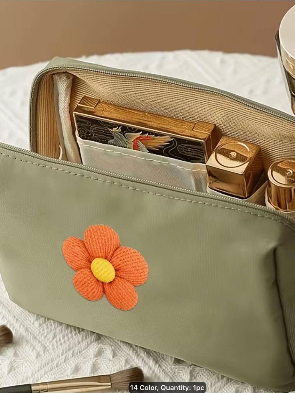 Olive Green Floral Accent Cosmetic Bag.organizer